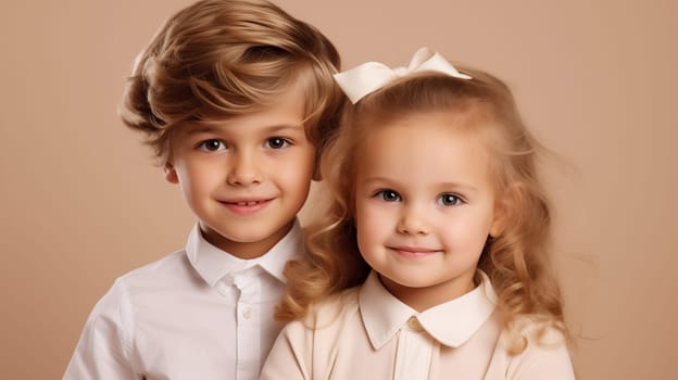 Beauty portrait of pretty little girl and boy, children looking at camera on beige background
