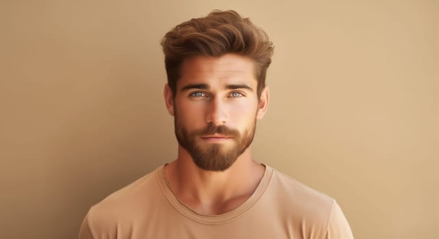 Portrait of handsome bearded caucasian young man looking at camera posing on beige studio background