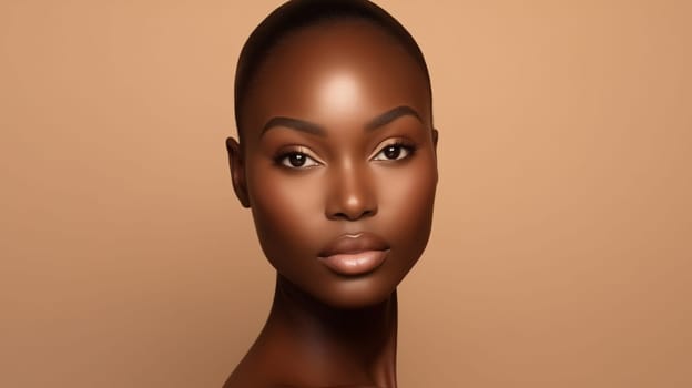Beauty portrait of pretty young African woman with short hair, beautiful lovely model posing on beige studio background