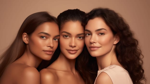 Beauty portrait of three diverse young women with clean healthy skin, beautiful lovely female models posing together on studio background