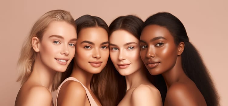 Beauty portrait of four multiethnic diverse young women with clean healthy skin, beautiful lovely female models posing together on studio background