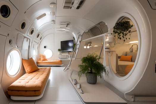 The interior of a capsule hotel showcases a modern, sleek design with comfortable seating, private sleeping areas, and green plants enhancing the ambiance - Generative AI