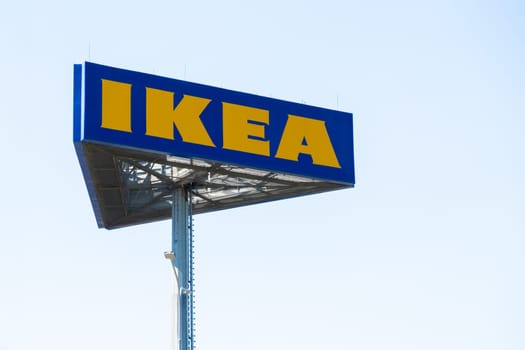 PRAGUE, CZECHIA -APRIL, 2024: IKEA signboard standing in the street.