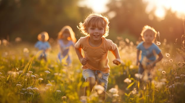 A joyful group of children run towards the camera, their faces lit by the golden light of a setting sun, amidst a field dotted with wildflowers - Generative AI