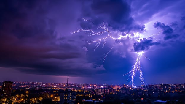 A powerful lightning bolt hits over a city at night, illuminating the sky and buildings below in a dramatic display of natures forces - Generative AI