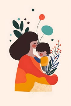 A woman is depicted in a painting holding a child in her arms, with a happy expression on her face. The illustration captures a heartwarming gesture and conveys a sense of warmth and love