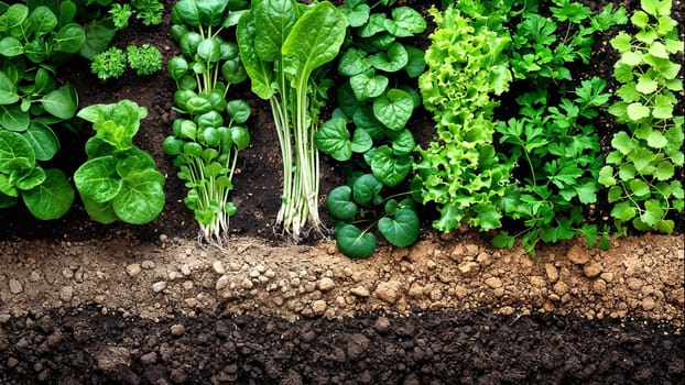 A top view of various vegetables growing in the soil