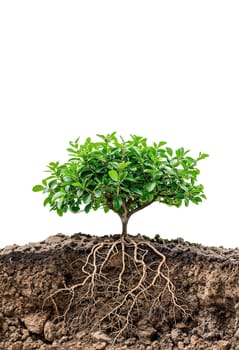 A small tree with visible roots growing out of the soil in a natural setting.