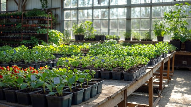 Numerous potted plants lined up neatly on tables in a contemporary greenhouse.
