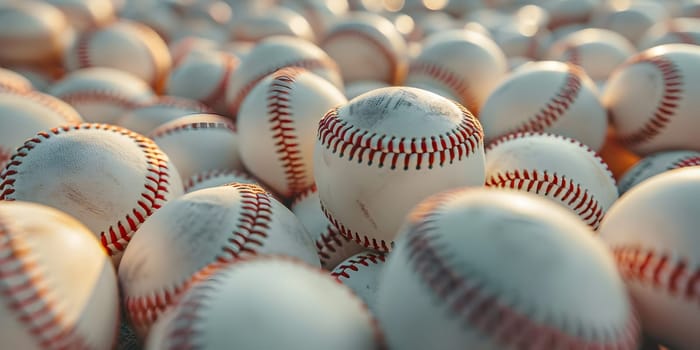 A closeup macro photograph of electric blue baseballs stacked on top of each other on a table, showcasing sports equipment for a ball game