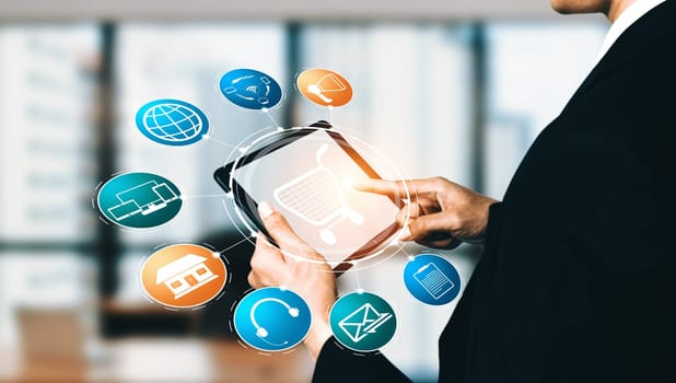 Omni channel technology of online retail business. Multichannel marketing on social media network platform offer service of internet payment channel, online retail shopping and omni digital app. uds