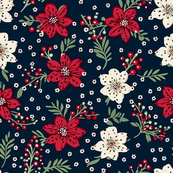 Seamless pattern, tileable Christmas holiday floral country dots print on dark background, English countryside flowers for wallpaper, wrapping paper, scrapbook, fabric and product design motif