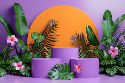 A purple background with a large orange circle in the middle. The circle is surrounded by green leaves and flowers