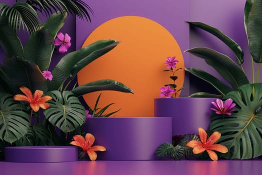 A purple background with a large orange circle in the middle. The circle is surrounded by green leaves and flowers