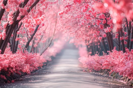 A road lined with pink cherry trees. The road is empty and the trees are in full bloom. The scene is peaceful and serene