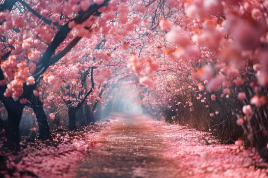 A road lined with pink cherry trees. The road is empty and the trees are in full bloom. The scene is peaceful and serene