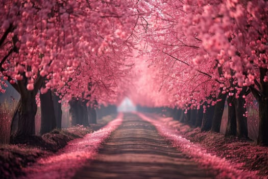 A road lined with pink cherry trees. The road is empty and the trees are in full bloom. The scene is peaceful and serene