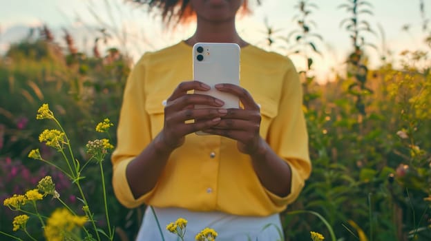A woman is holding a white phone in a field of yellow flowers.