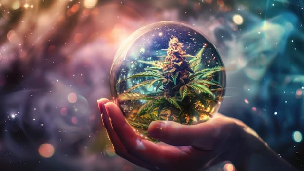 A hand holding a glass with a cannabis in it with galaxy background.