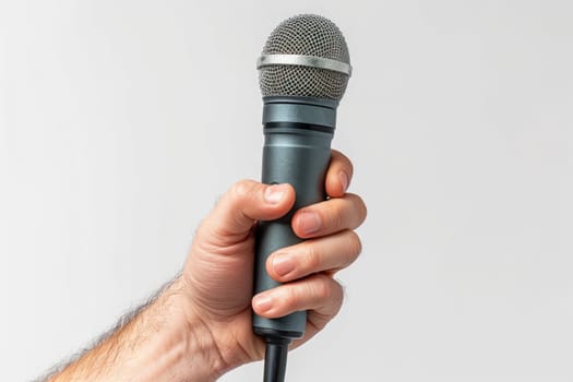 A microphone is being held by a person's hand.