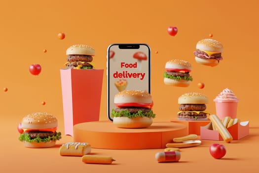 A food delivery app is shown on a phone with a variety of food items such as ham.