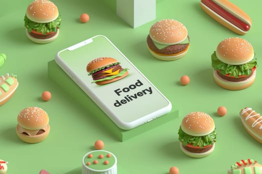 A food delivery app is shown on a green background with a variety of food items.