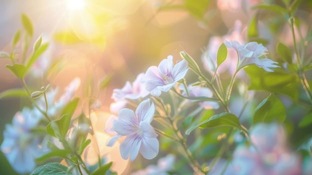 A close up of a bunch of pink flowers with the sun shining on them. The flowers are in full bloom and the sunlight is casting a warm glow on them. Concept of beauty and tranquility