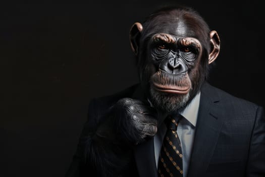 A monkey wearing a suit and tie is posing for a picture.