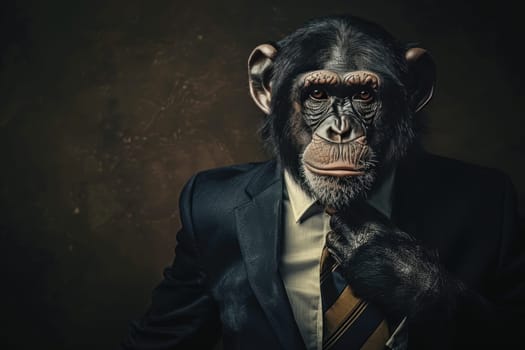 A monkey wearing a suit and tie is posing for a picture. Concept of humor and playfulness, as it is not common to see a monkey dressed in formal attire. The monkey's facial expression