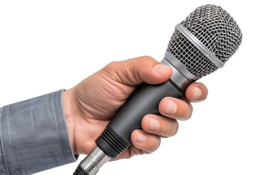 A microphone is being held by a person's hand. The microphone is silver and black. The person is holding the microphone in a way that it is facing forward