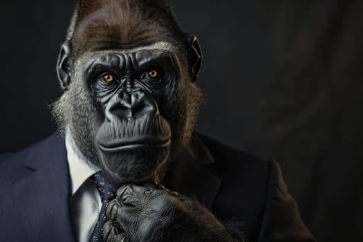 A monkey wearing a suit and tie is posing for a picture.