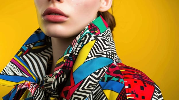 A woman with blue eyes and red lipstick is wearing a colorful jacket.