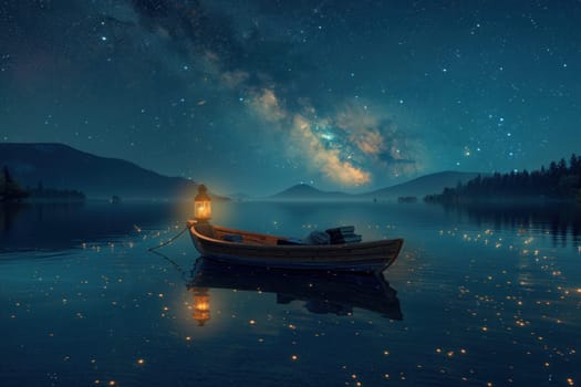 A boat is floating on a lake at night with a lantern on it.