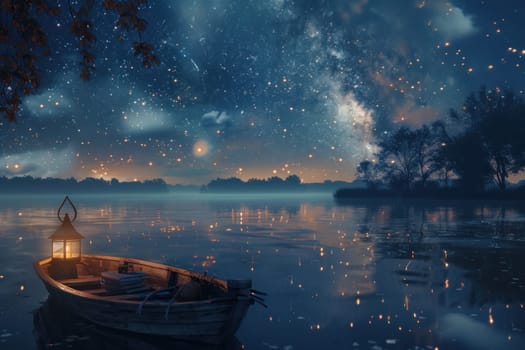 A boat is floating on a lake at night with a lantern on it. The sky is filled with stars and the water is calm. The scene is peaceful and serene