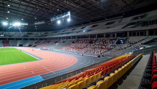 A stadium with a large crowd of people watching a race. The stadium is empty except for a few chairs