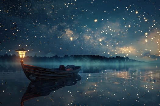 A boat is floating on a lake at night with a lantern on it.