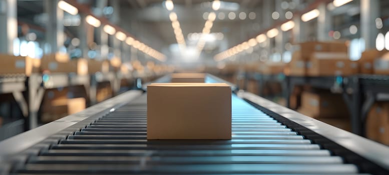 A wooden box is gliding along a conveyor belt inside a warehouse, showcasing the symmetrical design of engineering in motion