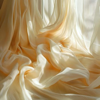 A closeup of a white curtain hanging on a window, resembling a delicate petal of a peach. The elegant fabric drapes like a fashion accessory in a peaceful art display