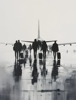 A group of people is walking towards a military aircraft on a wet runway, under a dramatic sky. The scene looks like a surreal art piece blending elements of water, landscape, and travel