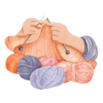 A watercolor composition of knitting, with two hands skillfully crafting fabric. colorful wool yarn balls in various warm hues, for crafting blogs, knitting tutorials cozy home decor prints.