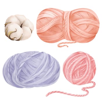 A compilation of watercolor illustrations sewing and knitting elements. balls of wool and cotton threads, a cotton flower. for crafting enthusiasts, sewing or knitting blogs textile illustrations.