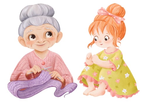 Watercolor character set. A grandmother knitting portrays. a cheerful little girl with big eyes. for children's book illustrations, family-themed designs, greeting cards, and storytelling visuals.