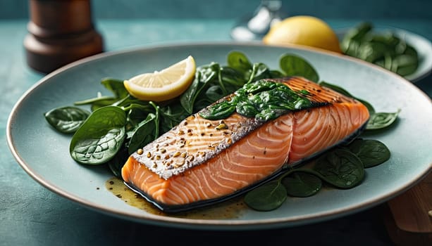 Salmon steak, spinach, lemon. Grilled salmon steak with grill marks, served with fresh spinach and lemon slices, steam rising