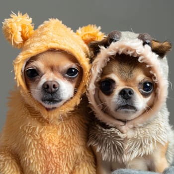 Funny headshot of two chihuahuas dressed as guinea pig.