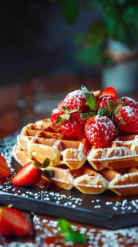 Close up of a stack of freshly made waffles with strawberries and powdered sugar on top.