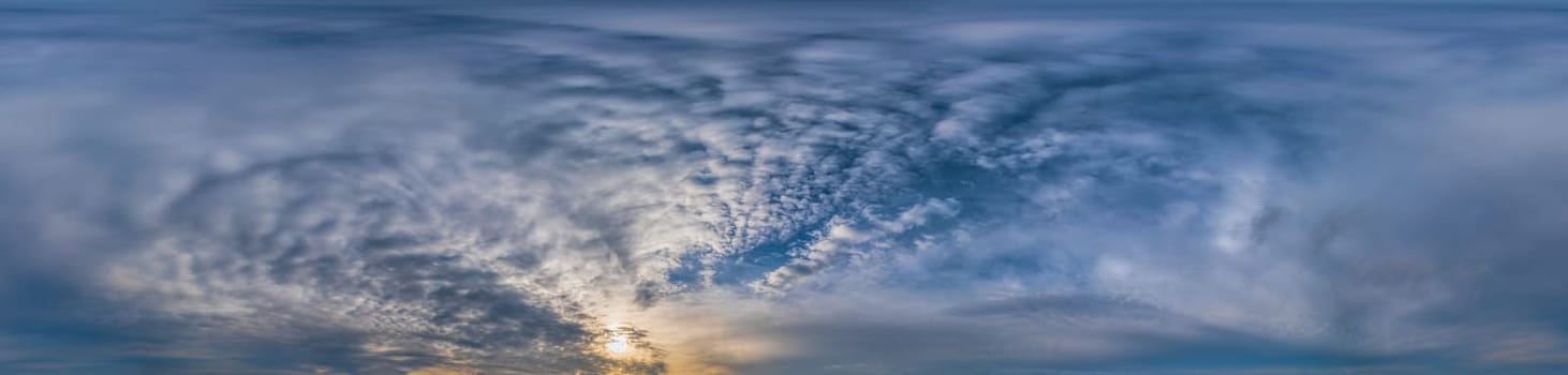 Sunset sky panorama with Stratocumulus clouds in Seamless spherical equirectangular format. Full zenith for use in 3D graphics, game and editing aerial drone 360 degree panoramas for sky replacement
