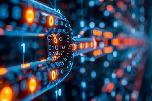 binary numeric data transmission chain of nodes connected in a network form, p2p connection.