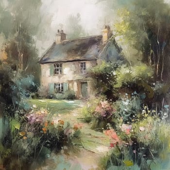 Oil style fine art painting of the English countryside cottage with romantic floral meadow, flowers field in soft pastel colours, evoking a sense of tranquility and natural beauty, printable art design