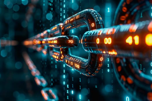 binary numeric data transmission chain of nodes connected in a network form, p2p connection.