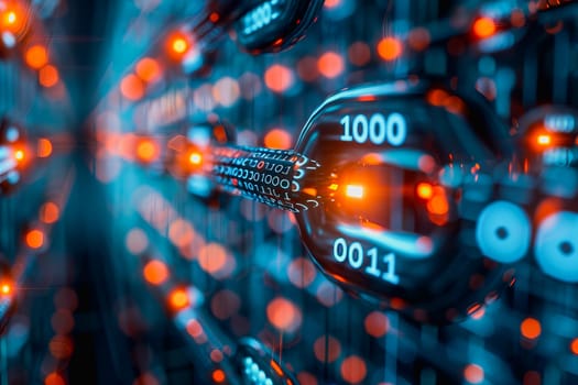 binary numeric data transmission chain of nodes connected in a network form, p2p connection.